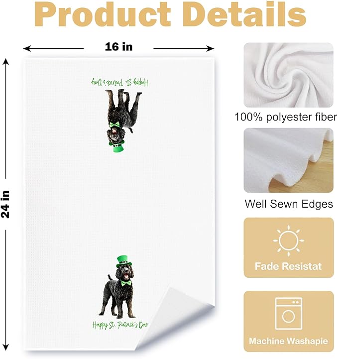 St. Patrick's Day Black Goldendoodle Kitchen Towels, Black Goldendoodle Gifts Dish Tea Towel for Kitchen, Irish Leprechaun Hat Dog Hand Towels for Bathroom Decor, 16x24 Inches