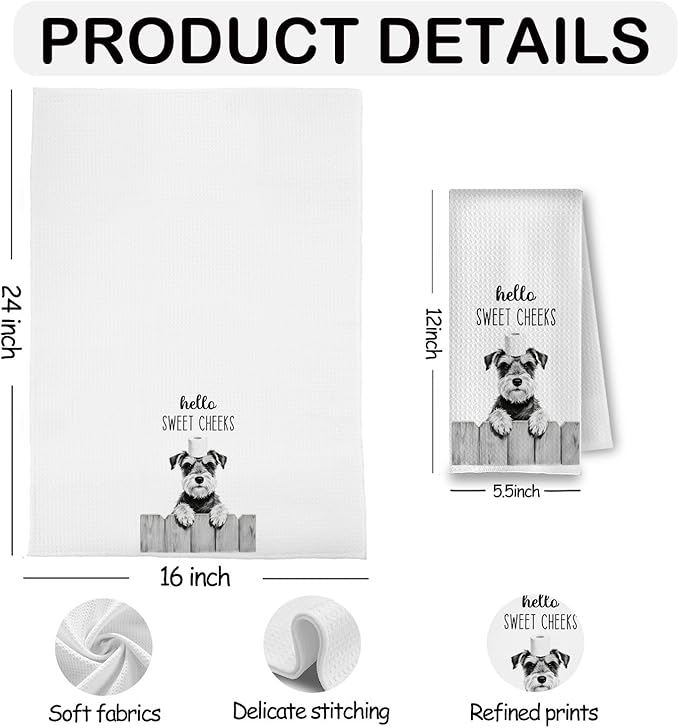 Farmhouse Funny Schnauzer Dog Hand Towels, Hello Sweet Cheeks Bathroom Decor, Schnauzer Lover Gifts Decorative Hand Towels for Bathroom Washroom Restroom, 16x24 Inch