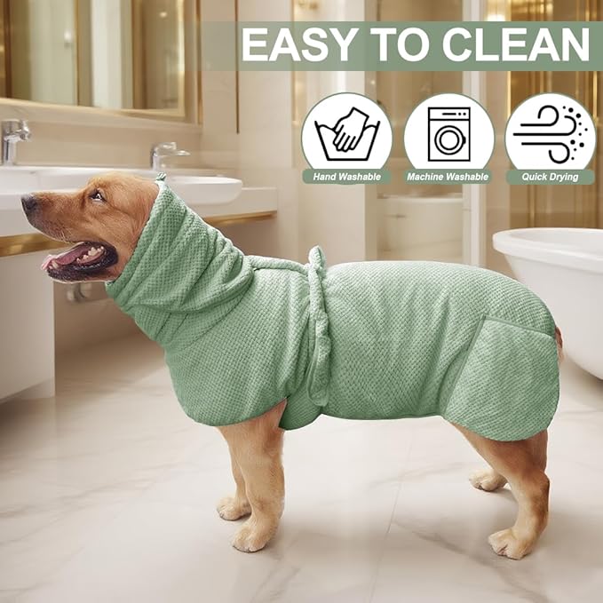 Medium to Large Size Dog Bathrobe, Quick Drying Super Absorbent Microfiber, Warm Dog Towels, Adjustable Hoodies and Belts for Dog Bath Products (Green Jacquard, L-Fit for 6 to 12 Pounds)