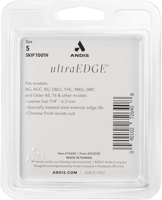 Andis Carbon Infused Steel UltraEdge Dog Clipper Blade, Size-5 Skip Tooth, 1/4-Inch Cut Length (72640),Chrome