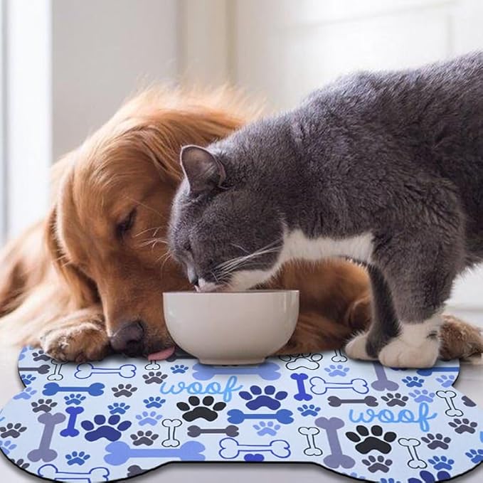 Dog Food Mats for Floors Waterproof, Pet Feeding Absorbent Water Bowl Mat Cat Placemats Blue Bone Shape 23.6 * 15.7 inch