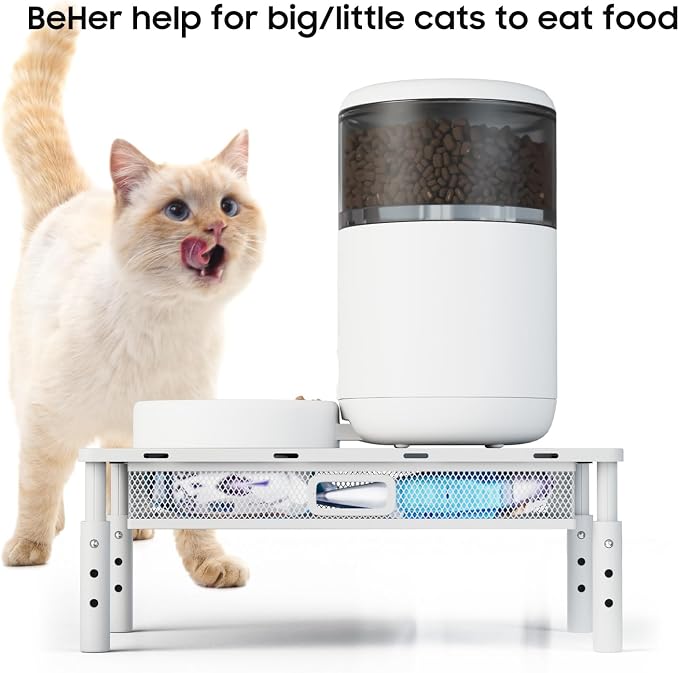 WSOWX Adjustable Automatic Cat Feeder Stand, Elevated Cat Food Stand,White | With Drawer and Cat Food Mat,Raises Feeder/Bowls by 4.1"/4.9"/5.7",Relieves Spine and Joints Noticeably on Pets-Sturdy Metal