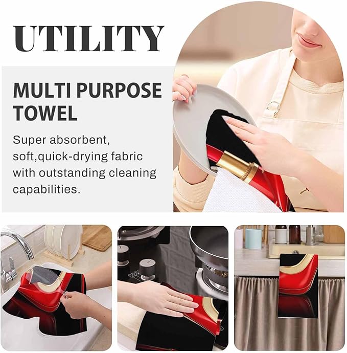 Modern Fashion Women Waffle Kitchen Dish Cloths Black Red High Heels Big Red Shoe Lipstick Ultra Soft Absorbent Quick Drying Dish Towels 16 X 24 Inches Set of 2