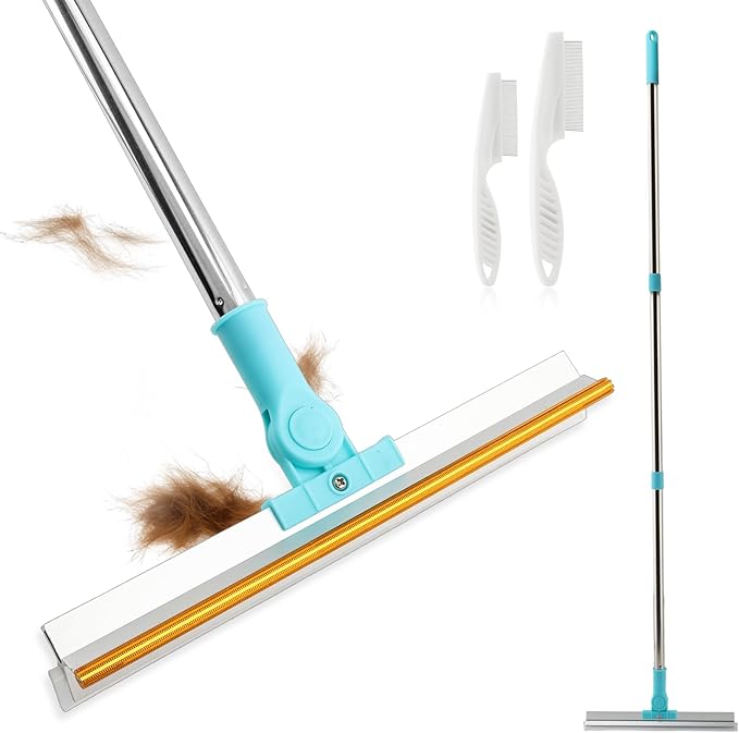 Carpet Rake for Pet Hair Removal, 1 Pet Hair Removal Tool with 2 Pet-Comb, 55” Reusable Dog-Hair Carpet Rake with Adjustable Long Handle, for Sofa, Couch, Car, Rug(Color:Blue)