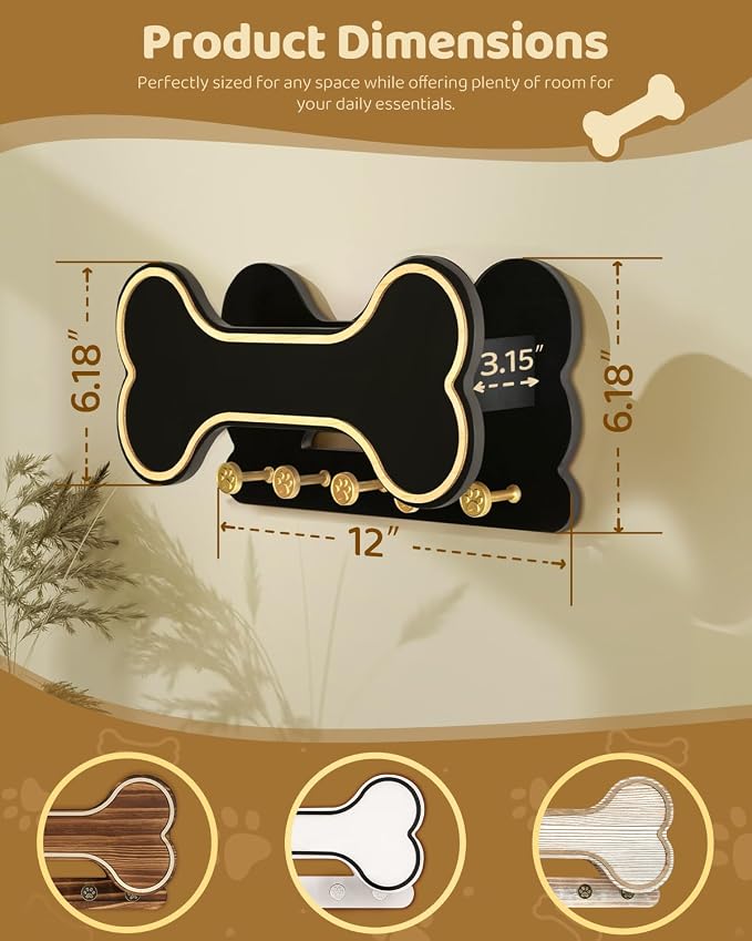 MTERSN Cute Dog Leash Holder for Wall for Dog Stuff Organizer, Black