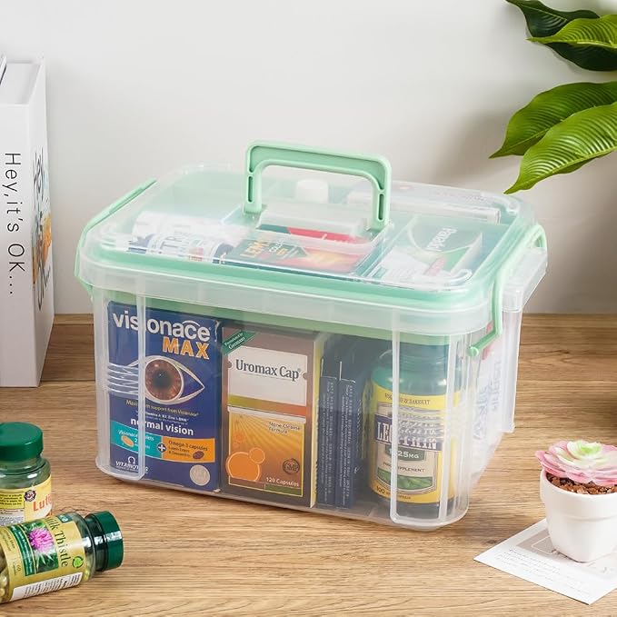 HEY FOLY 15qt Clear Medicine Organizer Storage Box with Tray, Plastic First Aid Box Empty, Thickened Medicine Container Chest, Multipurpose Medical Case with Labels, Medicine Caddy with Lids Handles