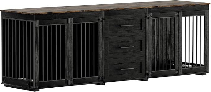 OUYESSIR 94.5" Double Dog Crate Furniture for Medium Large Dogs, Black | Extra large dog kennel fits 2 Medium or large dogs, 3 Storage Drawers, 4 removable Stainless steel dog bowls, Solid Wood