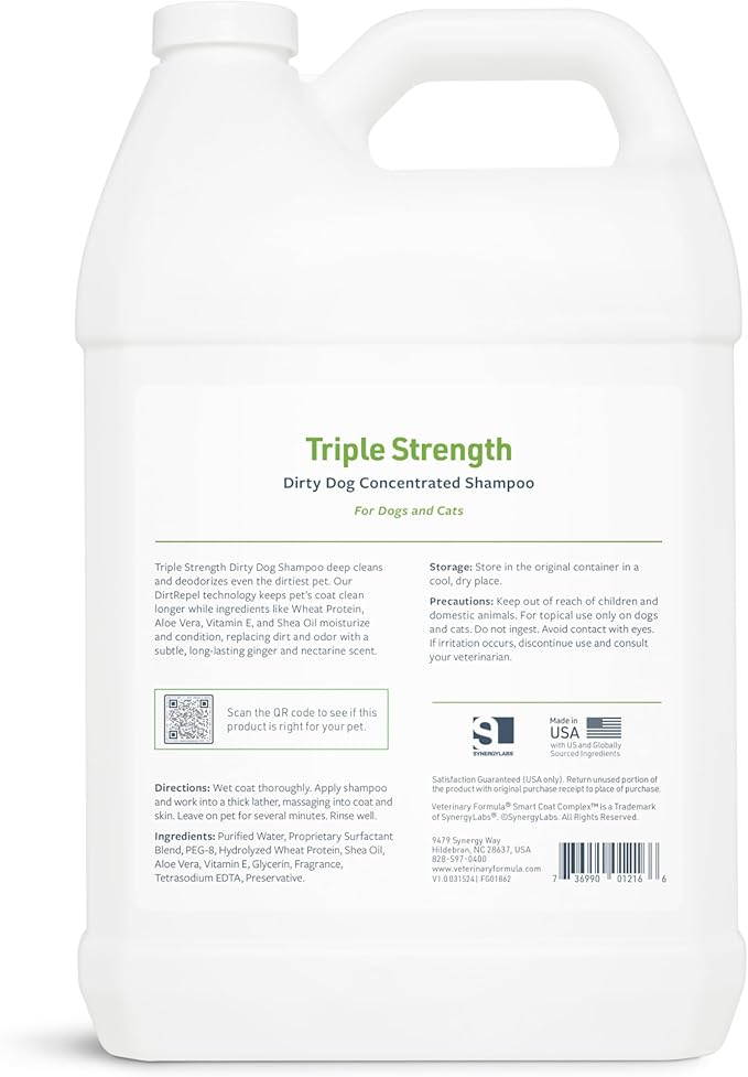 Veterinary Formula Smart Coat Complex Triple Strength Dirty Dog Concentrated Shampoo, 128 Fl oz / 1 Gallon – DirtRepel Tech Cleans Extra Dirty and Smelly Dogs – w/ Shea Butter and Aloe Vera to Soothe