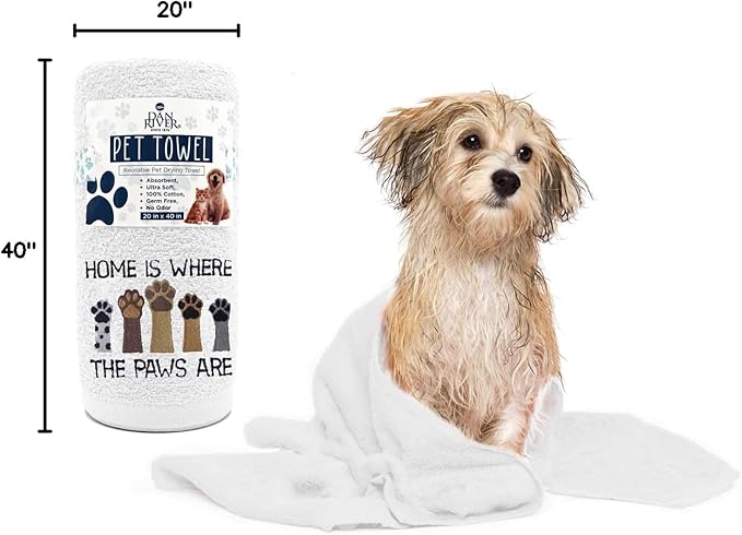 DAN RIVER Dog Towel - Pack of 1, 100% Cotton, 20x40, Ultra Soft, Super Absorbent & Quick Drying Towel for Dogs, Cats, and Other Pets, White Home.
