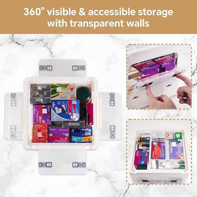 HEY FOLY 22qt Medicine Organizer Storage Box with 4-Side Opening Doors, White Foldable Medication Organizer Empty, Container Case Stackable First Aid Box for Home Storage