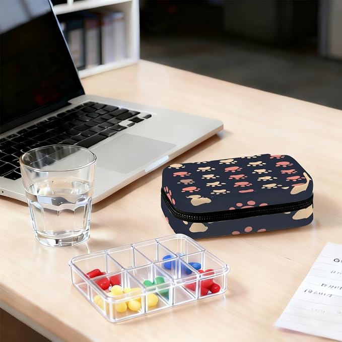 Weekly Pill Organizer Travel Size Bag with Removable 7 Day Pill Box Portable Vitamin Case Purse with Zipper,Pet Paw Prints Pattern