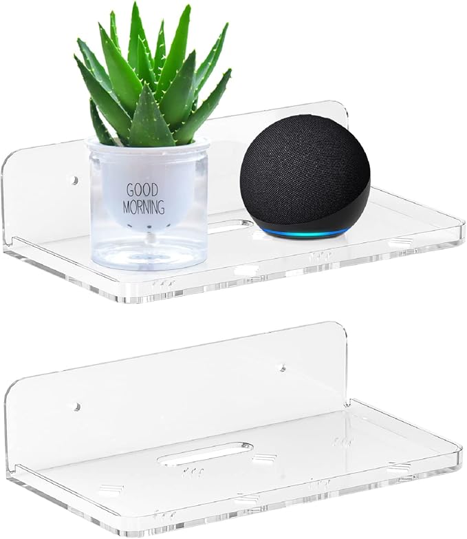 Wall Mount Floating Shelves for 2 Pcs Security Camera Shelf Mini Speaker Other Small Items in Bedroom Bathroom Kitchen Living Room Clear Mini Shelf Flexible Use for Wall Space(L)