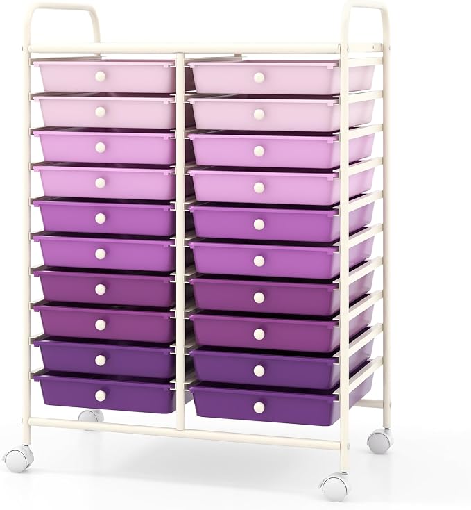 20 Drawer Rolling Storage Cart, Art Cart Organizer with Wheels for Makeup, Tool, Paper, Multipurpose Craft Storage Cart with Drawers for Office, Home, Classroom, School (Gradient Purple)