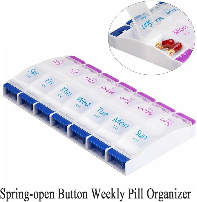 Daily Pill Case Organizer, 7-Day Weekly Medicine Planner Organizer | AM PM, Large Tray 14-Compartment Meds Box Container Pill Holder for Medication, Vitamin, Supplement, Fish Oil, Purple + Blue