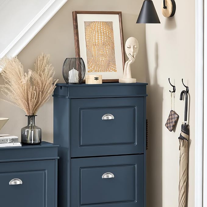 Haotian Shoe Cabinet with 3 Flip Drawers | Freestanding Shoe Rack for Entryway, Shoe Organizer with Hidden Drawer, Navy Blue, FSR94-B
