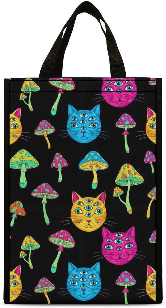 Reusable Insulated Lunch Bag Thermal Food Containers Organizer Lunch Cooler Totes Compatible with Halloween Trippy Eyes Black Cat Mushrooms Lunchbox for Picnic Office