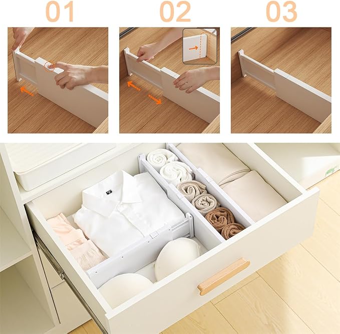 NUOOO Drawer Dividers Dresser Drawer Organizer 3 Pack Adjustable Kitchen Drawers Divider Plastic Separators for Clothes Desk Office Storage