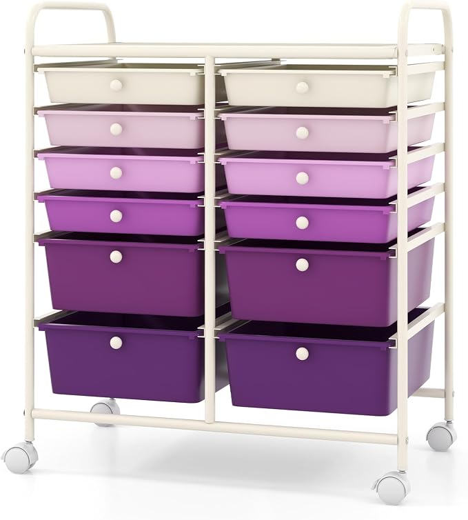12 Drawer Rolling Storage Cart, Art Cart Organizer on Wheels, Mobile Utility Cart with Drawers, Multipurpose Craft Drawers for Home Office School Classroom (Gradient Purple)