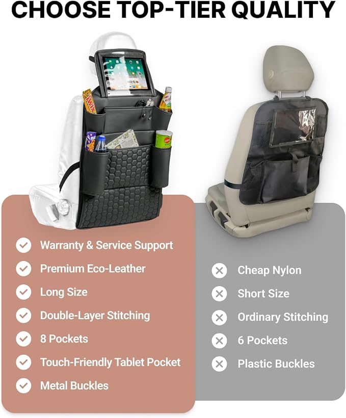 Owleys Back Seat Organizer for Kids with Tablet Holder, 8 Pockets, Black | Hanging faux leather car backseat organizer with a clear tablet pocket. Doubles as a kick mat. Needs removable headrests.