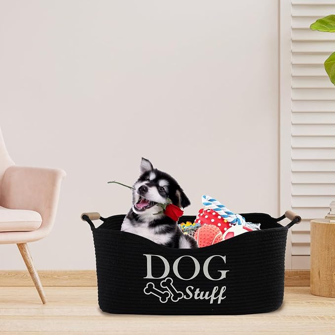 Medium Woven Dog Toy Basket,Dog Stuff Organizer,Collapsible Dog Toy Bin with Wood Handles,Rectangle Puppy Toy Storage Basket,Dog Organizer for Dog Toys,Collar,Leash,Blankets-Black | 100% Cotton Rope Basket with Wood Handles, Dog Organizer for Dog Toys,...