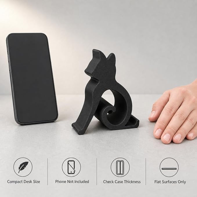 Phone Stand, Black Cat Desktop Cell Phone Holder Mount Decor | Handsfree Kitten Shaped Phone Mount, Desktop Halloween Decor Gift for Pet Lovers, Office Bedside Table Use