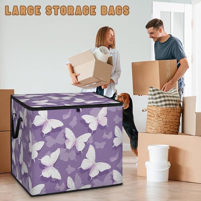 Butterfly Large Storage Bags, Fabric Bed Storage Containers, Foldable Closet Organizers for Blanket, Clothing, Comforter, Bedding, Purple