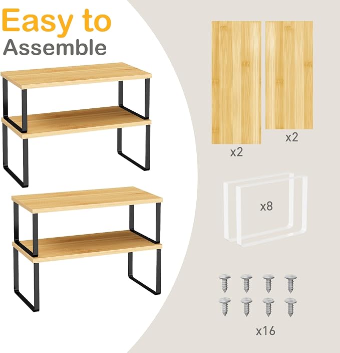 OGEMXU Cabinet Shelf Organizers, 15.7 inches Large Kitchen Counter Shelf, Set of 4 Wood Kitchen Pantry Organizer, Storage Shelves for Countertop, Spice Rack, Stackable, Expandable, Metal Black, Nature
