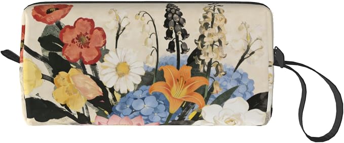 Vintage Botanical Garden Floral Makeup Bag for Women Wrist Strap | Durable 600D Oxford Fabric Cosmetic Organizer,Compact Travel Pouch with Handle for Gym & Daily Use