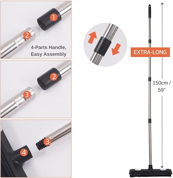 Carpet Rake Reusable Pet Hair Remover Rubber Broom with Squeegee for Pet Hair Removal Tool 59" Long Handle Cat and Dog Hair Remover for Area Rugs, Carpet, Hardwood Floor, Tile