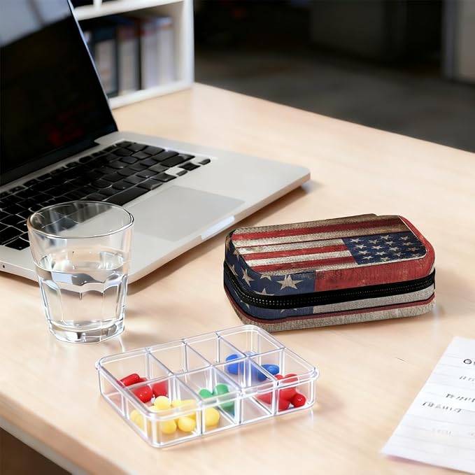 Weekly Pill Organizer Travel Size Bag with Removable 7 Day Pill Box Portable Vitamin Case Purse with Zipper,Wooden American Flag Pattern