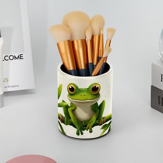 Faux Leather Pen Holder for Desk, Pencil Organizer Frog Pen Cup Desk Decor Makeup Brush Holder Storage for Office Home