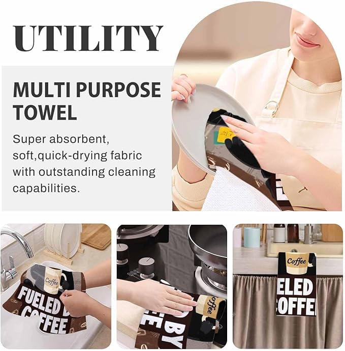 Vintage Cat 2Pcs Kitchen Towels Coffee Cute Cat Retro Fueled by Coffee 16X24 Inch Ultra Soft Tea Towel Super Absorbent Terry Dish Towels for Kitchen Linens