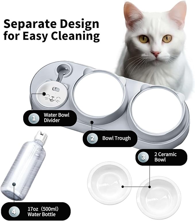 Marchul 3-in-1 Cat Bowl, Ceramic Food and Water Bowl Set, 15ยฐ Sloped Design, for Indoor Cats, Small Dogs, and Medium Dogs