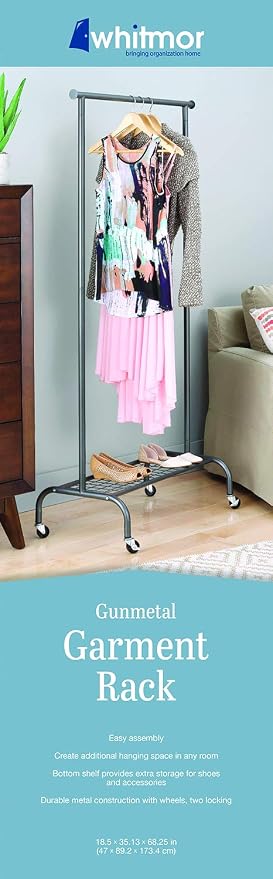 Whitmor Heavy Duty Adjustable Garment Rack-Rolling Clothes Organizer, Black and Chrome