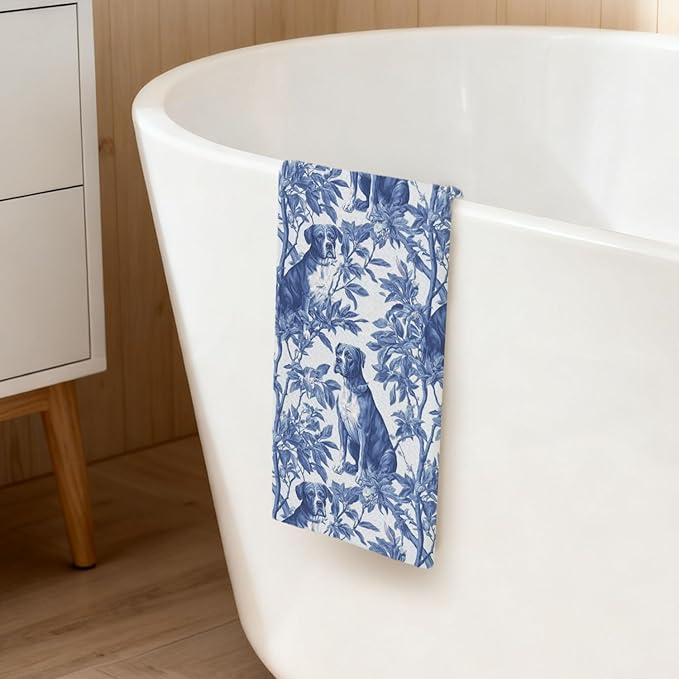 Pitbull Kitchen Dish Towels,Blue and White Floral Dog Towel Dish Tea Towels, Chinoiserie Decor for Kitchen Bathroom,Pitbull Gifts for Dog Lover Mom Dad,16x24 Inch