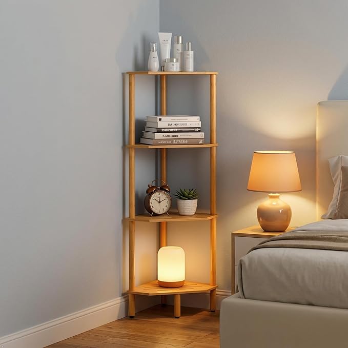 Corner Shelf Stand, 4 Tier Bamboo Corner Organizer, Narrow Tall Bookcase, Corner Shower Caddy, Plant Display Shelf, Open Storage Shelves for Living Room, Kitchen, Office, Balcony, Bathroom