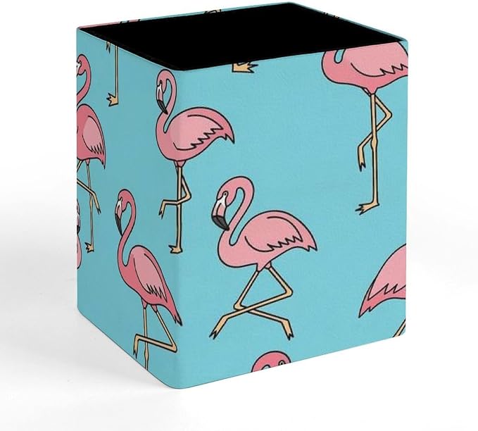 PU Leather Pen Pencil Holder Flamingo Floral Sky Blue Pencil Cup Stationery Container Box Makeup Brush Holder Storage Organizer for Office Supplies