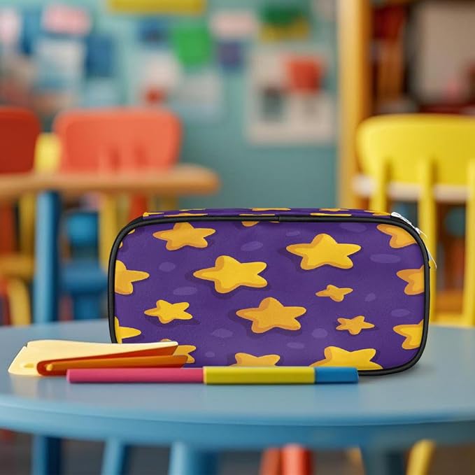 Pencil Cases Large Capacity Pen Pouch, Yellow Stars And Purple Pattern Pencil Box Organizer School Supplies for College Student Teen Adults