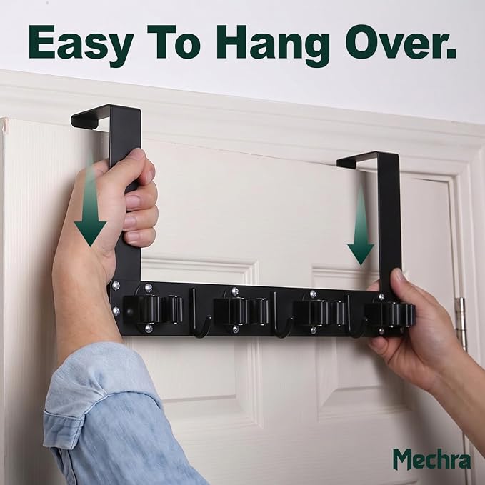Over The Door Broom and Mop Holder, Heavy Duty Stainless Steel Organizer with 4 Slots and 3 Hooks, No Drilling Space Saving Tool Hanger for Kitchen, Laundry Room, Closet, and Garage - Black