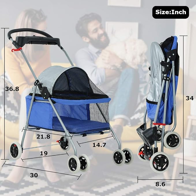 HGS Pet Cat Dog Stroller 4 Wheels Jogger Puppy Travel Carrier Portable Doggie Cage Strolling Cart with Cup Holders, 35Lbs Capacity Folding Waterproof Strolling Cart for Medium Dogs Cats Pet, Blue