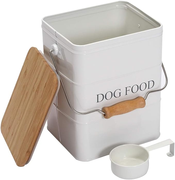 Morezi Metal Dog Food Storage Container 5~6 lbs, Pet Food Treat Canister | Airtight Dog Treat Food Storage Tin with Wooden Lid and Scoop- Powder Coated Carbon Steel- for Dry Dog Cat Food Kibble-White