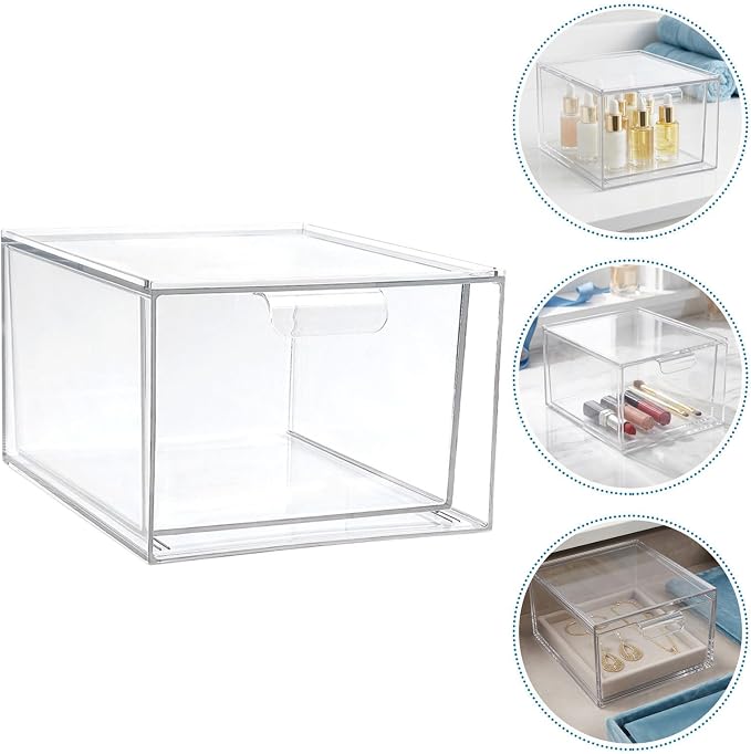 4pcs Stackable Bathroom Cabinet Organizer Drawers with Handle and Removable Dividers, Pet Plastic Makeup Vanity Storage Bins for Beauty Supplies and Accessories, for Travel