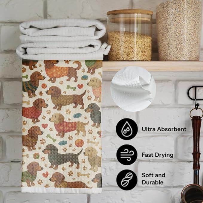 Wiener Dog Tea Towels Baking Cooking Drying Cloth for Kitchen,Cute Dachshund Kitchen Towels Decor,Dachshund Dog Mom Birthday Gifts for Women,Funny Hand Towel for Bathroom
