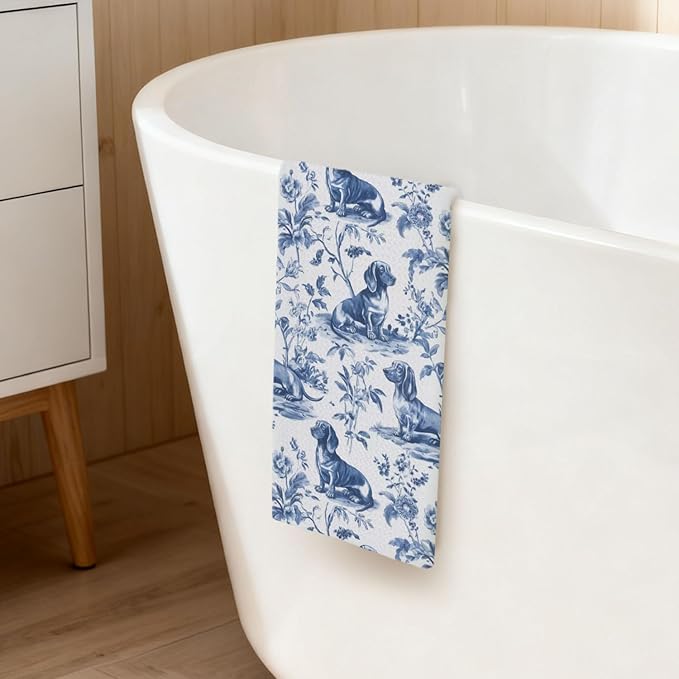 Dachshund Kitchen Dish Towels,Blue and White Floral Dog Towel Dish Tea Towels, Chinoiserie Decor for Kitchen Bathroom,Weiner Gifts for Dog Lover Mom Dad,16x24 Inch