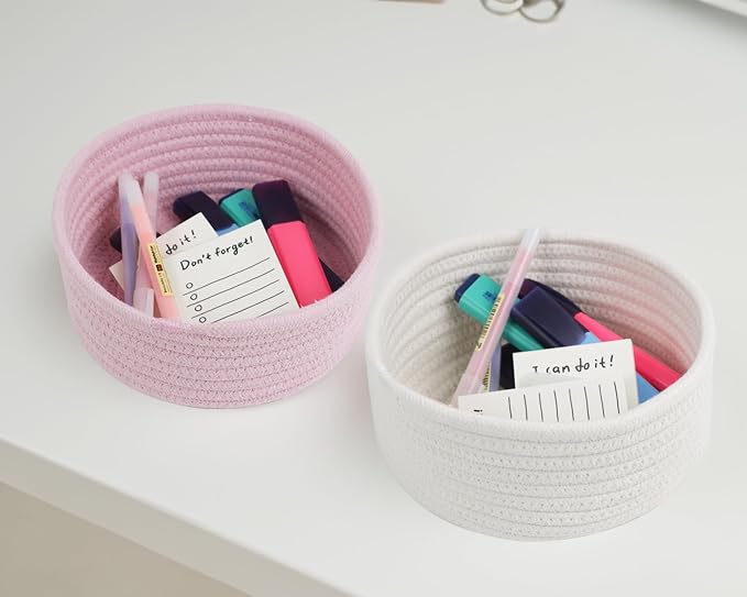 3 Pack Small Woven Cotton Rope Baskets for Organizing, White | Cute Mini Round Basket, Small Storage Baskets for Gift Empty, Decorative Boho Toy Baskets Bins for Nursery, Bathroom, Decor