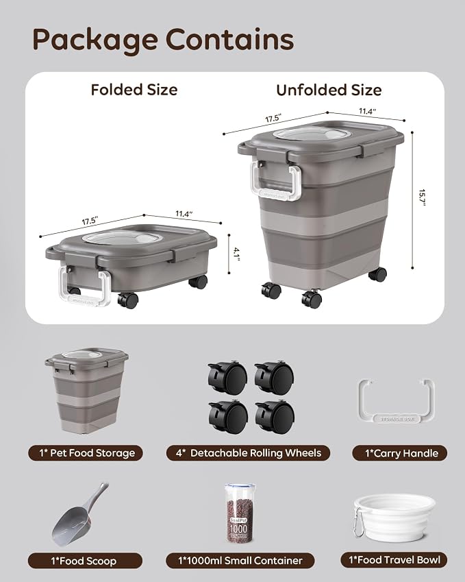Collapsible Dog Food Container for 10-25 lbs, Airtight Storage Bin | Magnetic Clear Lid with Scoop & Wheels, Space-Saving Design for Dog & Cat Kibble, Rice, Flour, Khaki