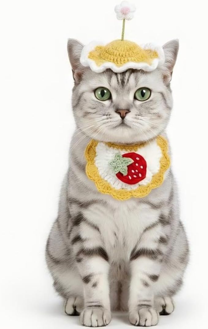 Handmade Cat Outfit โ Yellow Flower Dog Hat & Strawberry Dog Costume for Cats,Rabbits and Small to Medium Dogs, Adjustable Cute Outfit for Cat Birthday, Holiday, Daily Wear & Photos