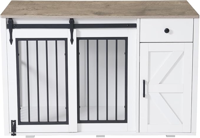 Verano Garden 44" Dog Crate Furniture, Dog Kennel (44" Right Facing Door) | 2-in-1, Lockable, Sliding Door, Removable Divider, Adjustable Shelf, Farmhouse, Heavy Duty, Small Medium Dogs, White