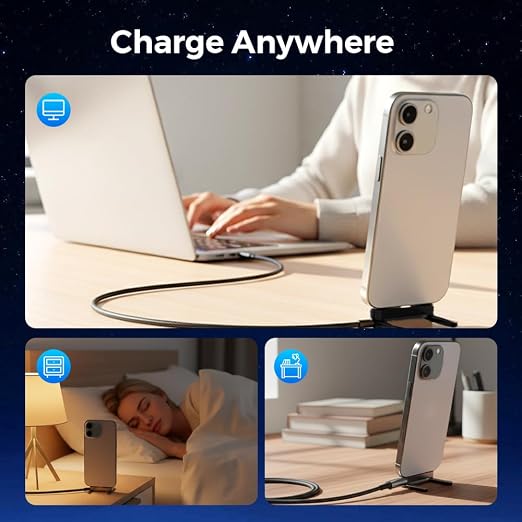 USB A to USB C Cable, Charger Cord (4.9FT), 65W Braided Fast Charge Cable with Built-in Phone Stand T-Shaped Foldable for iPhone 17 Series,Samsung Galaxy Note 10/S10+ S10, LG V30 (3 Pack)