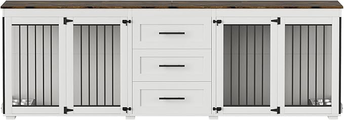 OUYESSIR 94.5" Dog Crate Furniture for Medium Large Dogs, White Brown | Extra large dog kennel fits 2 Medium or large dogs, 3 Storage Drawers, 4 removable Stainless steel dog bowls, Solid Wood
